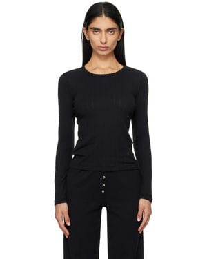 Leset Pointelle Slim Fit Long Sleeve T-Shirt - Black