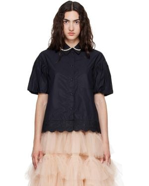 Simone Rocha Chemise Écourtée Noire À Manches Bouffantes Et À Garniture En Broderie Anglaise - Bleu