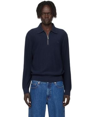 Lacoste ネイビー ハーフジップ ニットポロシャツ - ブルー