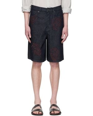 Dries Van Noten ネイビー Embroidered Pattern デニムショートパンツ - ブラック
