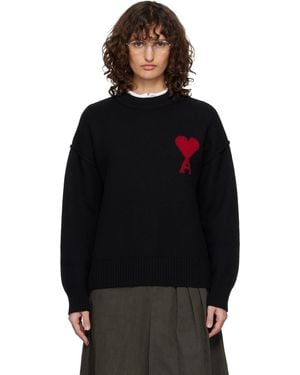 Ami Paris Wool Crewneck Ami De Coeur Jumper - Black