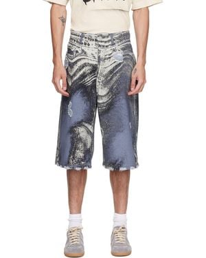 CAMPERLAB Distorted Print Distressed Denim Shorts - Blue