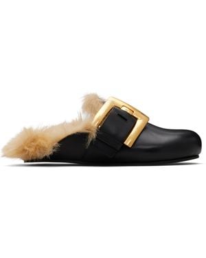 Balmain Flat Leather & Faux Fur Mule Loafers - Black