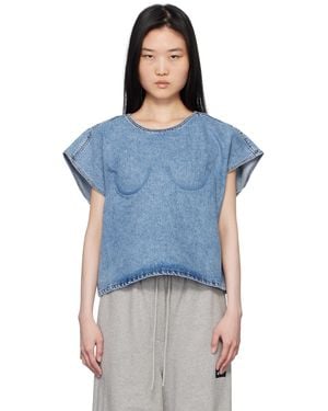 Pushbutton Bra Point Sleeveless Denim Top - Blue