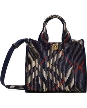 Burberry ネイビー ミニ チェック ニット トートバッグ - ブラック