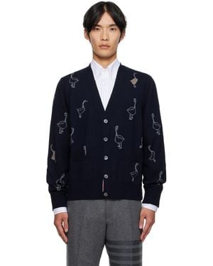 Thom Browne Geese Intarsia Merino Relaxed Fit Cardigan - Blue