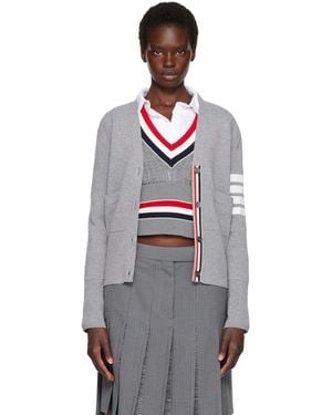 Thom Browne Cardigan Gris En Laine À Col En V Et À Quatre Rayures