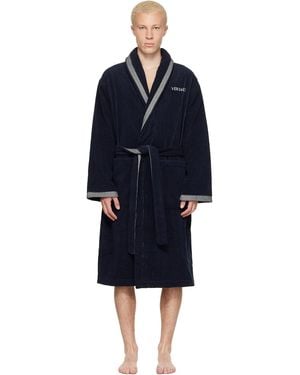 Versace Sortie-De-Bain Bleu Marine En Tissu Éponge De Coton À Logos En Jacquard