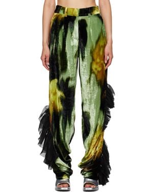 Collina Strada Velvet Ruffled Wide-Leg Trousers - Green