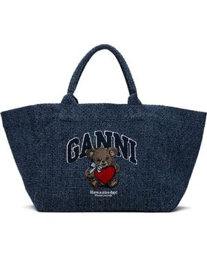 Ganni Xxl Bear Tweed Denim Shopper Tote - Blue