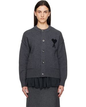 Ami Paris Cardigan Gris En Tricot Feutré De Laine Mérinos À Logo Ami De Cœur - Noir