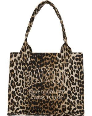 Ganni ベージュ レオパード プリント キャンバス トートバッグ - ブラック