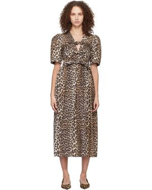 Ganni ブラウン&ブラック レオパードプリント コットン ミディアムワンピース