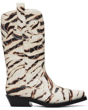 Ganni Off- Mid Shaft Embroidered Western Boots - Brown
