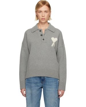Ami Paris Polo À Manches Longues Gris En Alpaga À Logo Ami De Cœur - Noir
