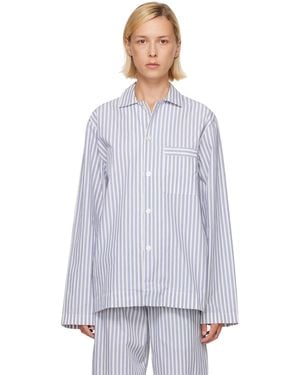 Tekla Chemise De Pyjama À Manches Longues Bleu Et Blanc En Popeline