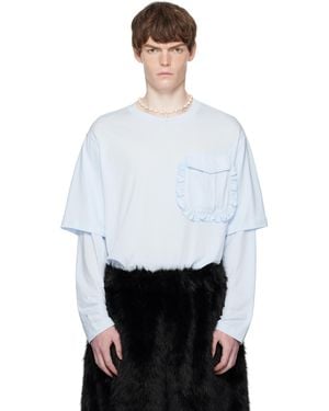 Simone Rocha T-Shirt À Manches Longues Étagé Bleu À Poche À Volants - Blanc