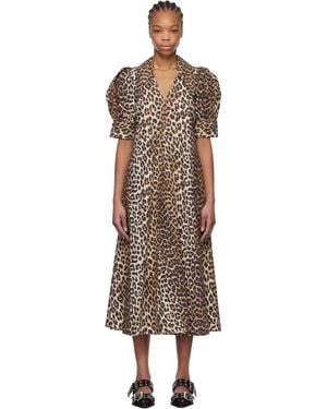 Ganni Leopard Cotton Poplin V-Neck Maxi Dress - Black