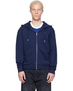 Ami Paris Zipped Cotton Ami De Coeur Hoodie - Blue