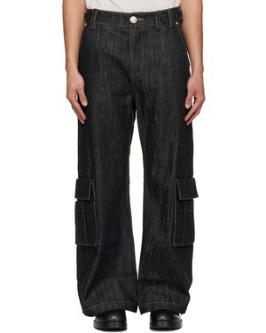NULLUS Pantalon Cargo Whale Fin Noir En Denim À Panneaux À Boutons-Pression