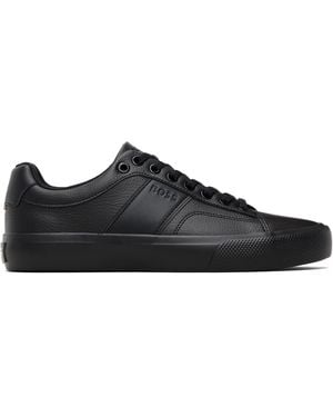 BOSS Faux-Leather Plain & Grained Texture Trainers - Black