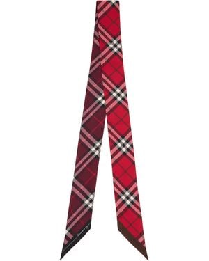 Burberry レッド＆バーガンディ コントラストチェック シルク スカーフタイ
