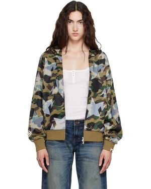 A Bathing Ape Camo Mesh Shark Cropped Fit Full Zip Hoodie - Green