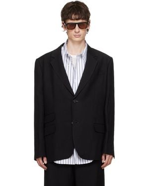 Ami Paris Linen Blend Single-Breasted Straight Blazer - Black