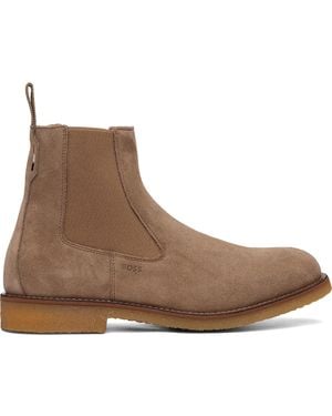 BOSS Suede Signature-Stripe Stitching Chelsea Boots - Brown