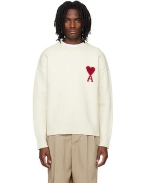 Ami Paris Off- Wool Contrasted Ami De Coeur Crewneck Jumper - Natural