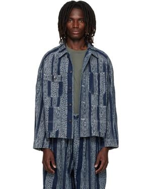 Needles Blouson Court Bleu Marine En Denim À Motif Serpent En Jacquard