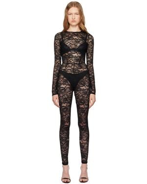 Fleur du Mal Sheer Floral Lace Crewneck Jumpsuit - Black