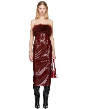 Blumarine Burgundy Marabou Feather Faux-Leather Midi Dress - Red
