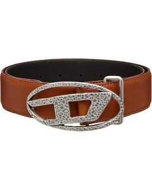 DIESEL 4Cm Leather Hammered Oval 'D' Buckle Belt - Brown