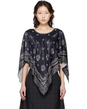 Anna Sui Ribbon Handkerchief Satin Print Poncho Blouse - Black