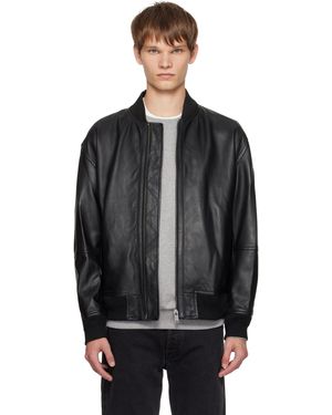 BOSS Blouson Noir En Cuir Texturé À Coupe Classique