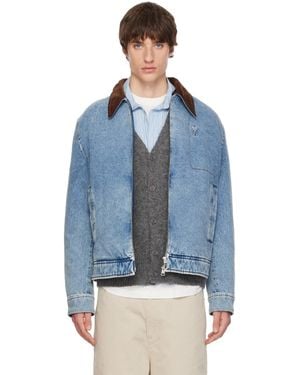 Ami Paris Vlue Zipped Ami De Coeur Velvet Collar Denim Jacket - Blue