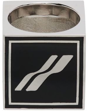 we11done Bague Carrée Argenté Et Noir À Logo - Gris