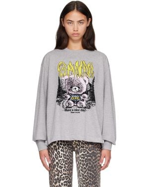 Ganni Long-Sleeve Teddy Forest T-Shirt - Grey