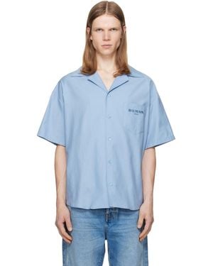 Balmain Herringbone Poplin Short Sleeve Shirt - Blue