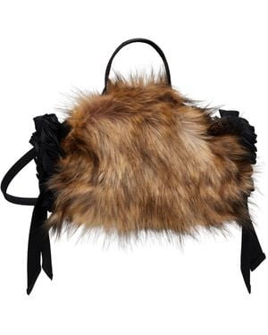 Simone Rocha Embellished Mini Faux Fur Double Ribbon Rosette Tote - Brown