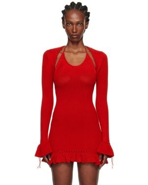 GUIZIO Crochet Ruffle Sleeve Bolero Cardigan - Red