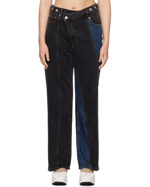 Feng Chen Wang パネルデザイン ジーンズ Feng Chen Wang TILTED WASITBAND JEANS TROUSERS (BLACK/BLUE)の商品