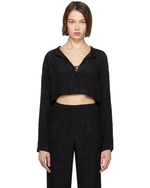 SILK LAUNDRY Crinkle Collarless Crop Shirt - Black