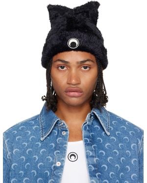Marine Serre Bonnet Kawaii Noir En Tricot À Poils Longs À Appliqués D'Oreille - Bleu