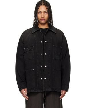 WOOYOUNGMI Leather Collar Tin-Washed Denim Coat - Black
