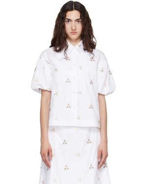 Simone Rocha Cropped Rosebud Puff Sleeve Lace Trim Shirt - White