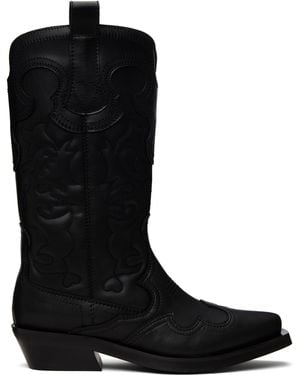 Ganni Mid Shaft Embroidered Western Boots - Black