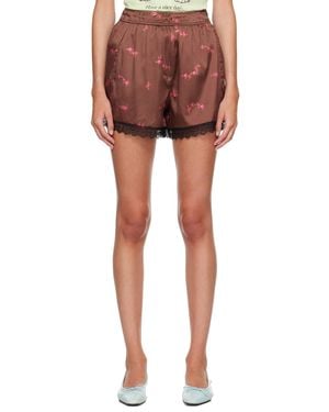 Ganni Printed Sandwashed Silk Satin Lace Hem Shorts - Red