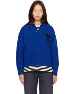Ami Paris Wool Ami De Coeur Polo - Blue
